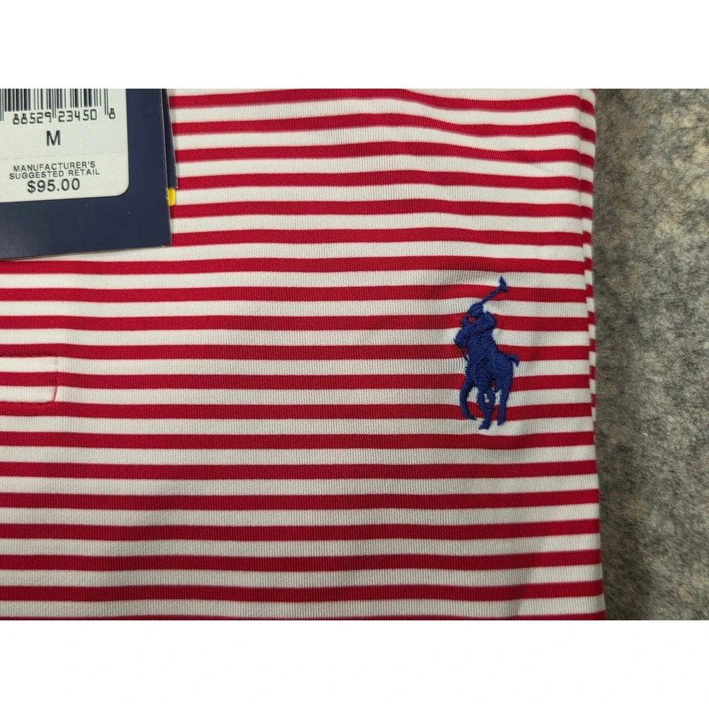 Polo Ralph Lauren Performance Mens Red White Striped Golf Polo Shirt Size M NWT